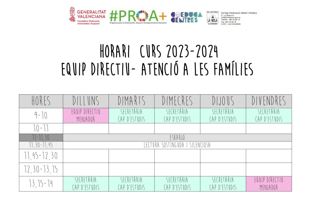 Horari datenció a les famílies CEIP LA MOLA