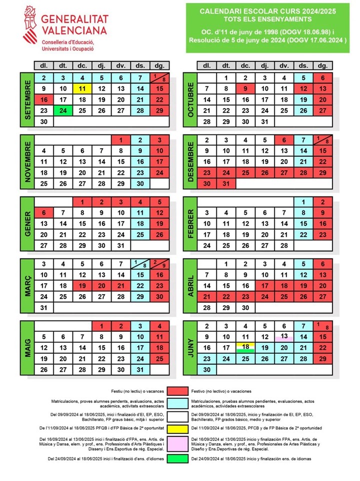 CALENDARI ESCOLAR 24 25 CEIP TOMÁS DE MONTAÑANA