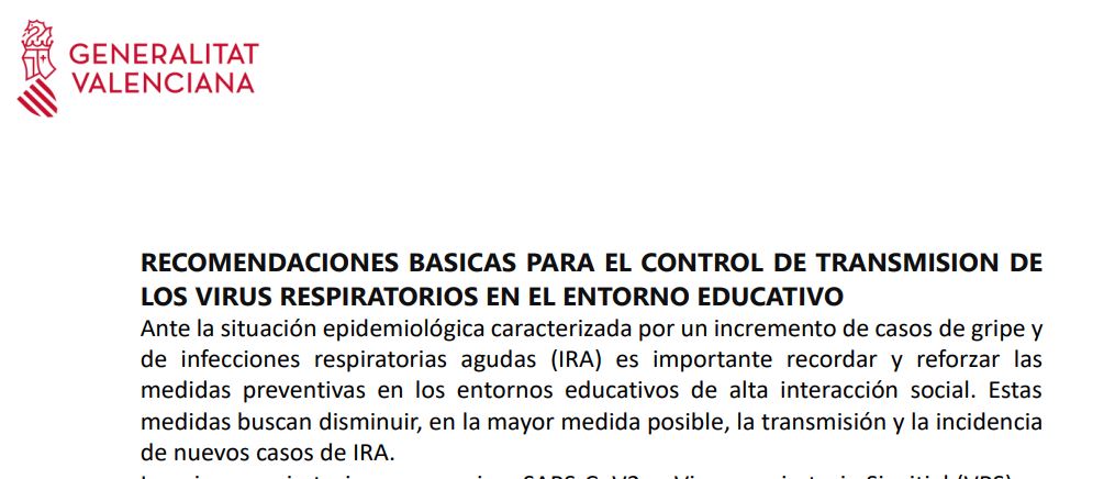 RECOMENDACIONES BASICAS PARA EL CONTROL DE TRANSMISION DE VIRUS RESPIRATORIOS EN EL ENTORNO EDUCATIVO