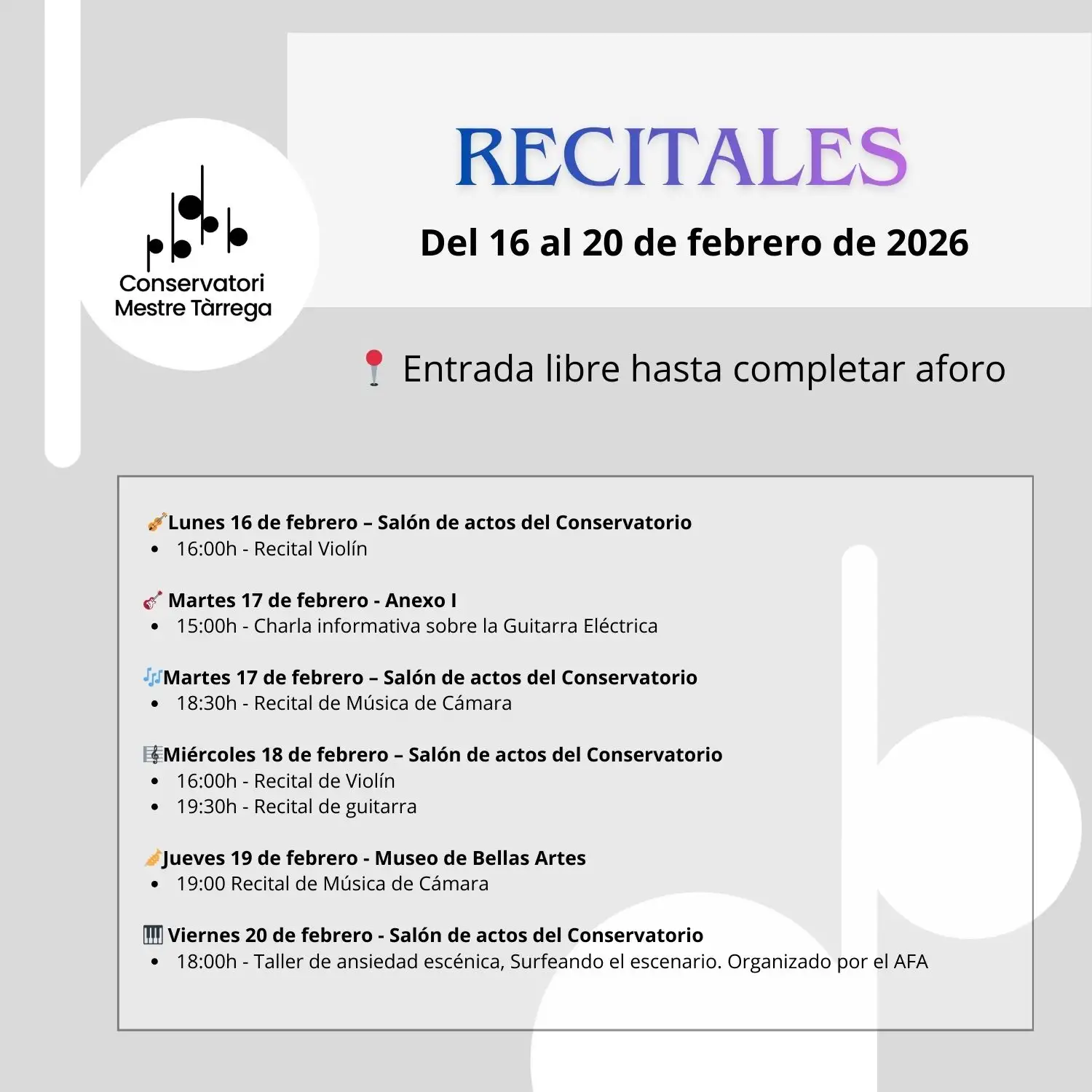 Recitales del 16 al 20 de febrero