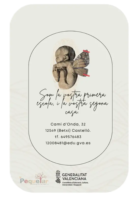 Un mural amb el text "Som la vostra primera escola i la vostra segona casa." amb les indicacions del centre La localització; Carrer camí d'onda nombre 32 a betxi amb codi postal 12549 i telefon 649576483