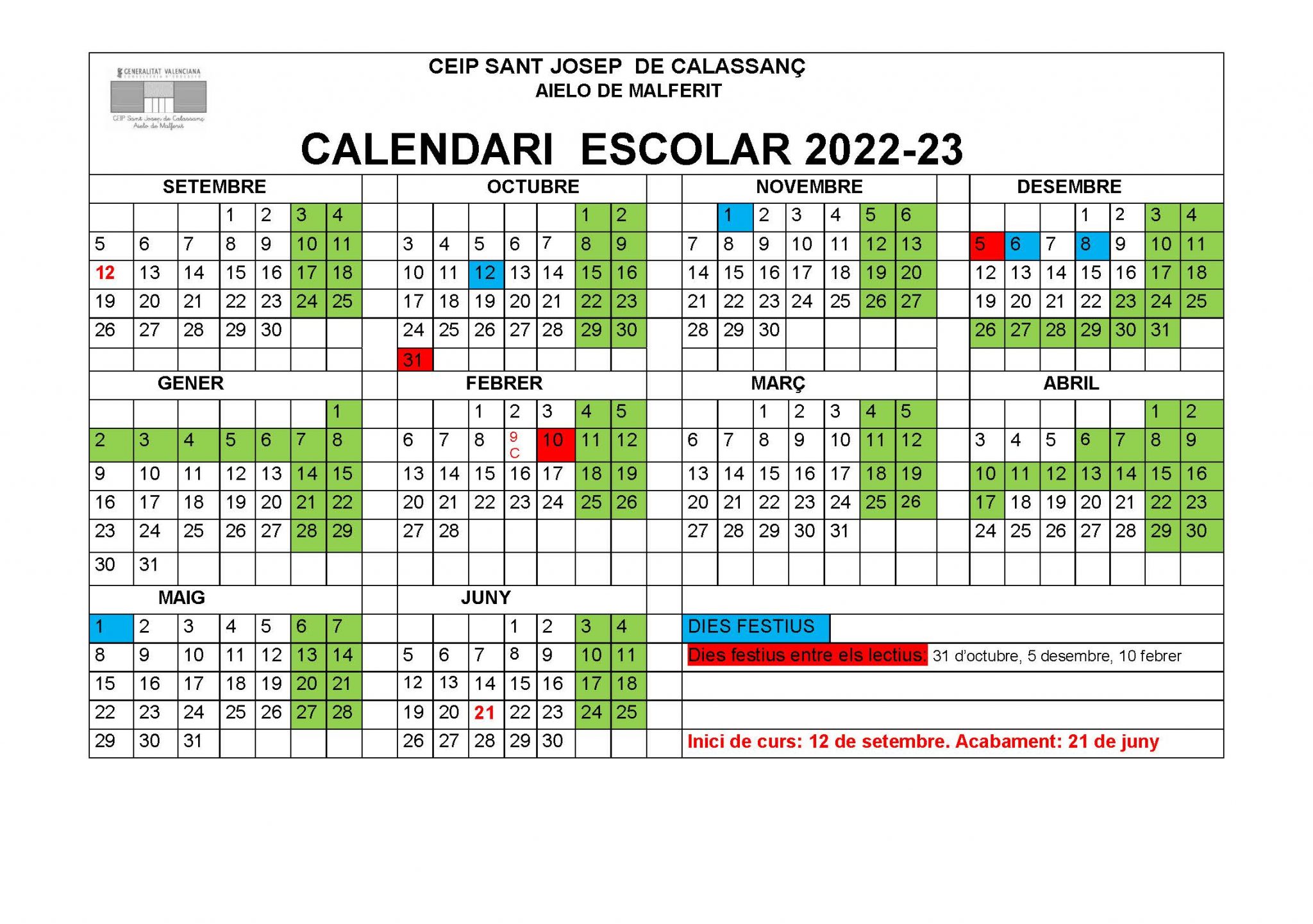 HORARI I CALENDARI ESCOLAR – CEIP SANT JOSEP DE CALASSANÇ