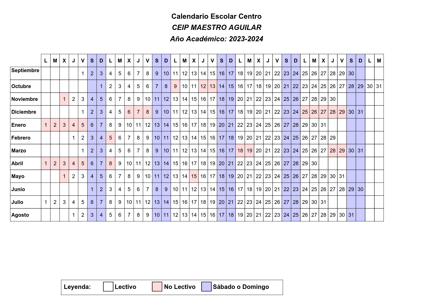 Calendario Escolar 23 24 – Ceip Maestro Aguilar