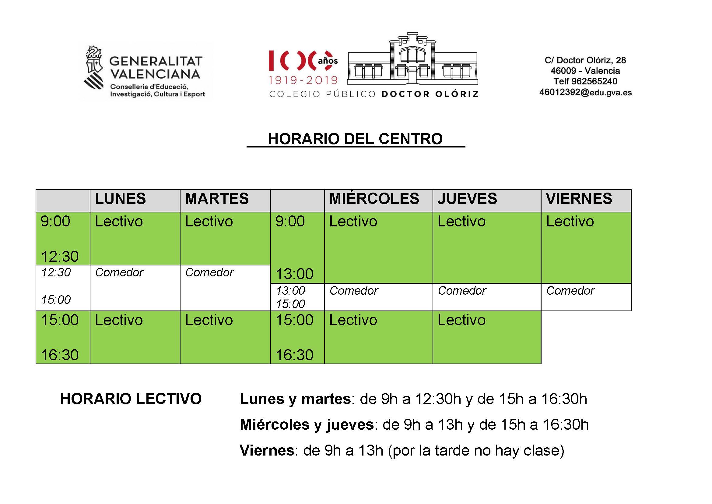 HORARIO DEL CENTRO