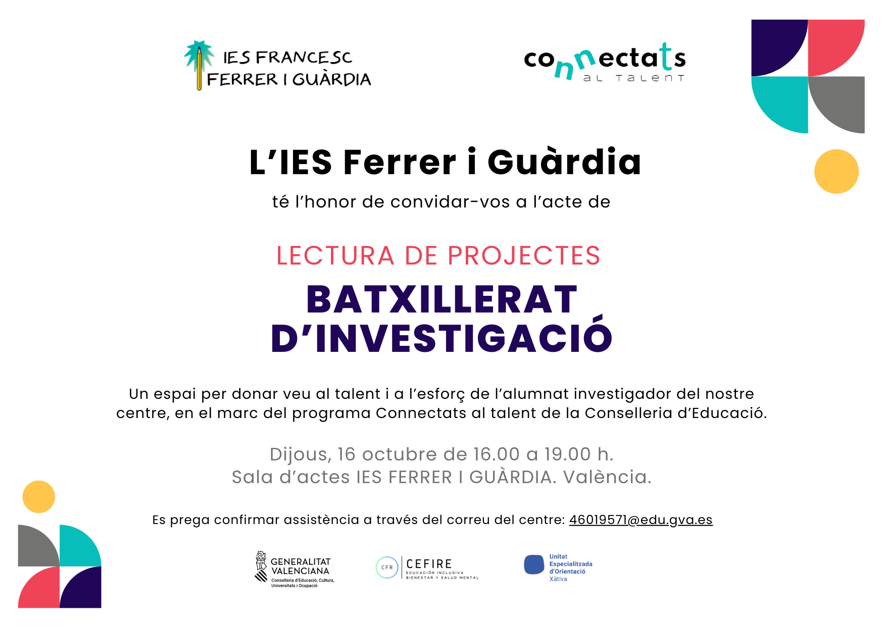 Invitació lectura treballs batxillerat d'investigació