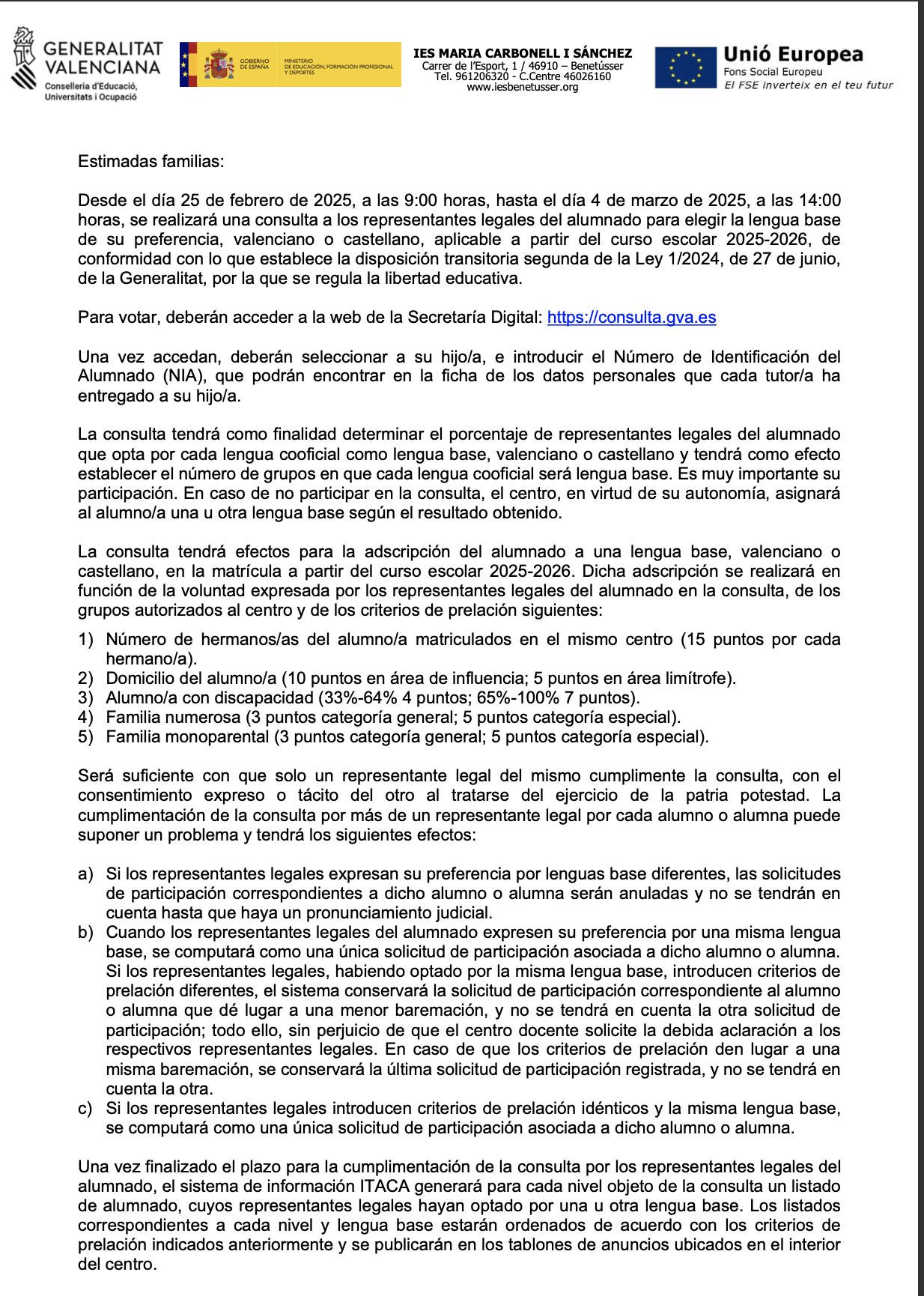 ELECCIÓN LENGUA BASE PARA LAS FAMILIAS DE 1º, 2º Y 3º DE LA ESO