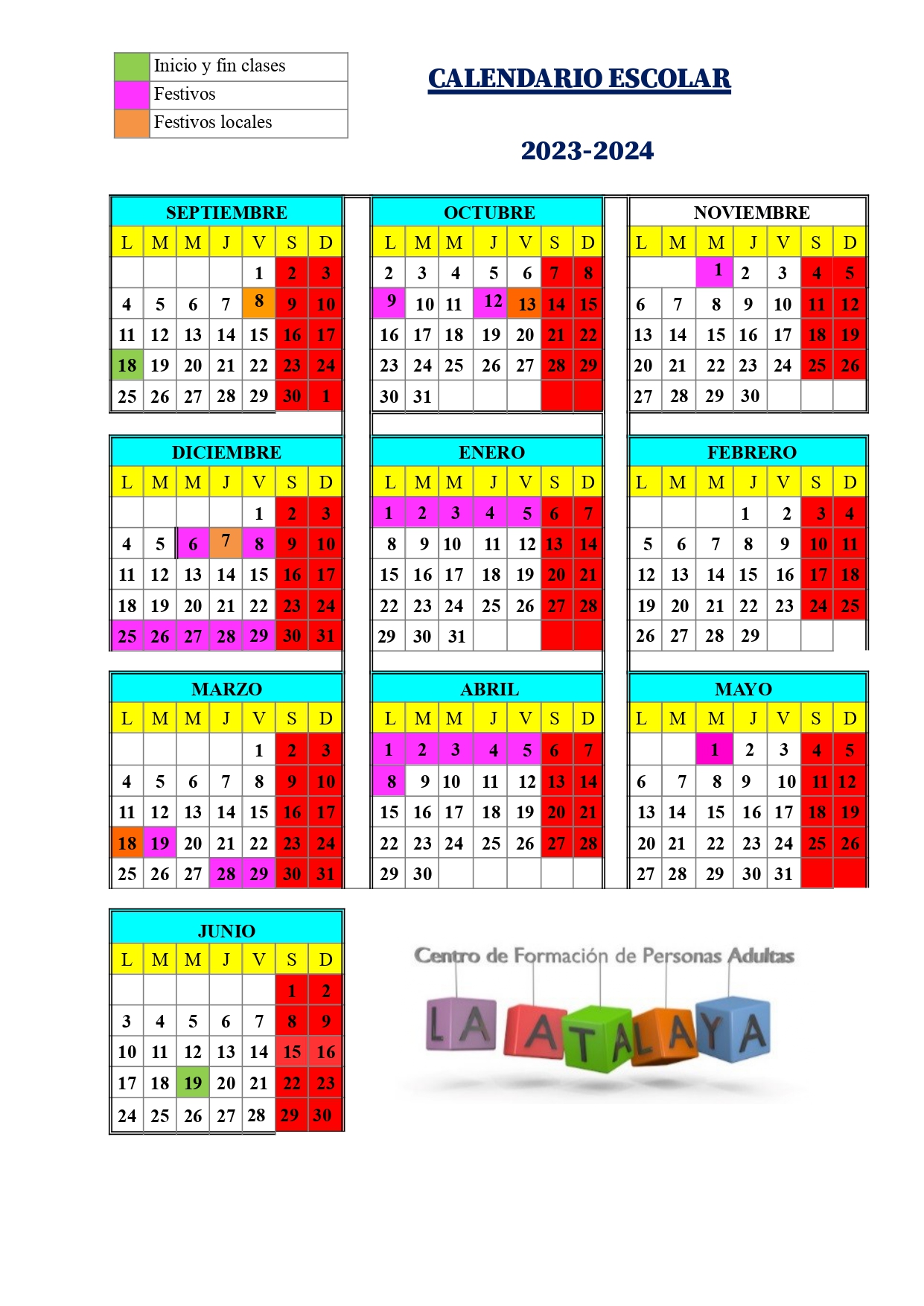 CALENDARIO ESCOLAR 23/24 CENTRO PÚBLICO FPA LA ATALAYA