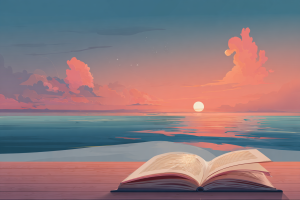 Ilustración de un libro abierto frente al mar al atardecer, con tonos cálidos y suaves que transmiten calma e invitan a la lectura.