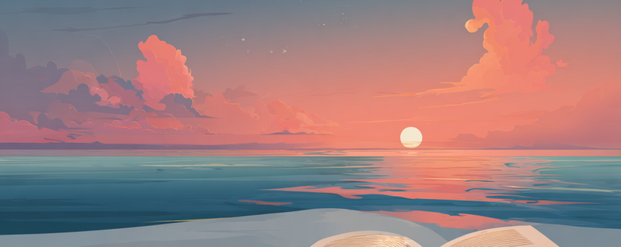 Ilustración de un libro abierto frente al mar al atardecer, con tonos cálidos y suaves que transmiten calma e invitan a la lectura.