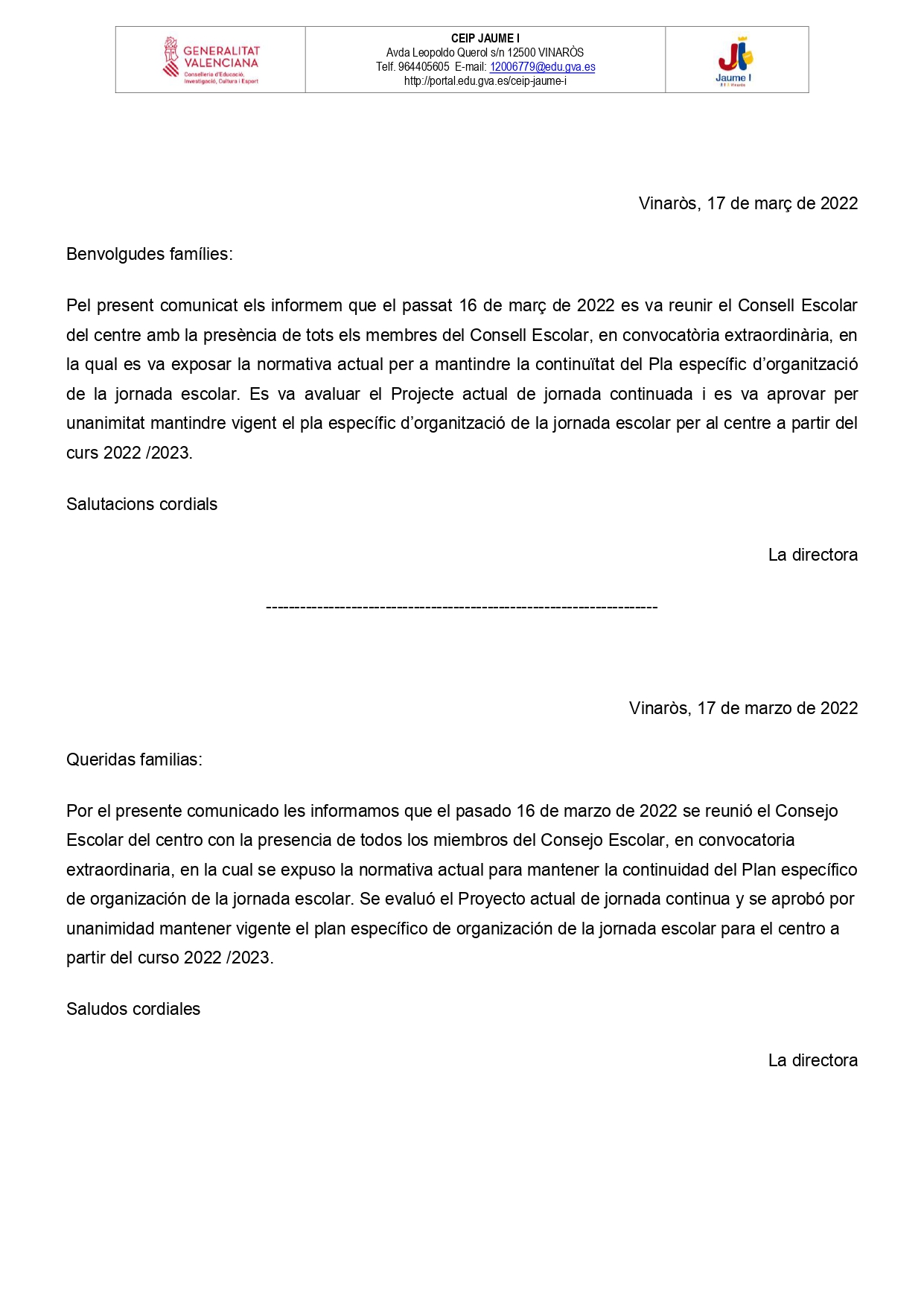 circular aprovació jornada continuada