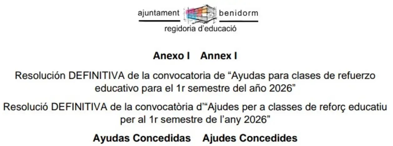 Ajudes Reforç Educatiu Ajuntament Benidorm 2025-26 Ayudas Refuerzo Educativo Ayuntamiento Benidorm 2025-26