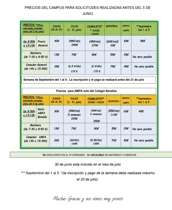 PRECIOS CAMPUS VERANO