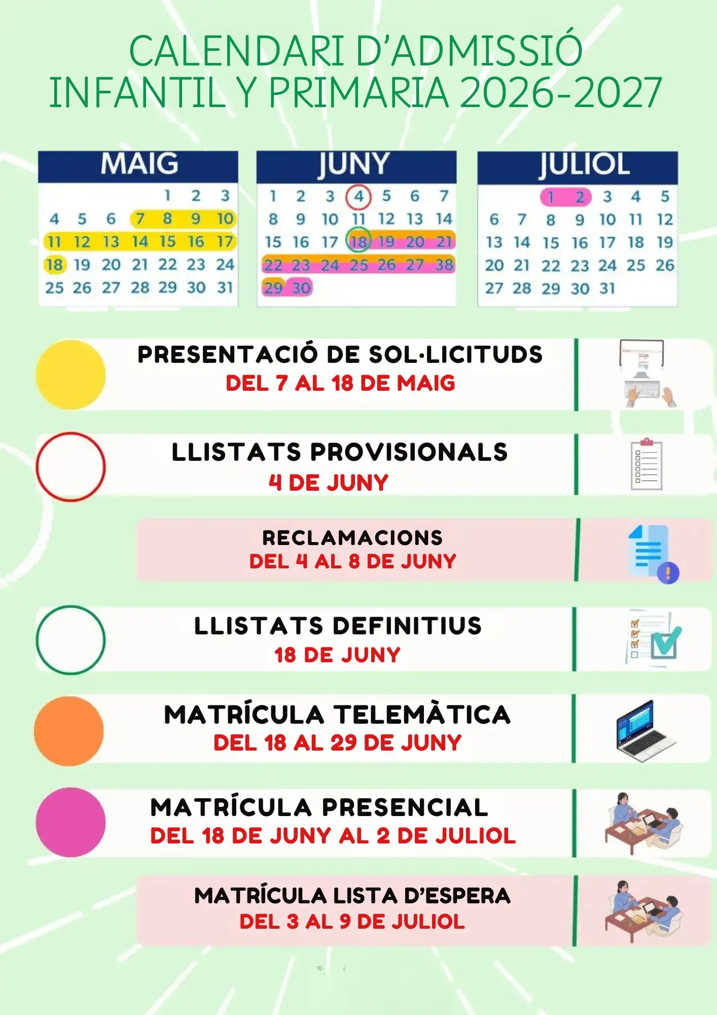 CALENDARI D’ADMISSIÓ INFANTIL Y PRIMARIA 2026-2027