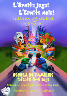 El pròxim dilluns 29 d'abril obrim el nostre centre a la COmunitat Educativa.

Farem una xarrada sobre pantalles, per a les families d'alumnat 0-6 anys i obrirem la nostra LUDOTECA