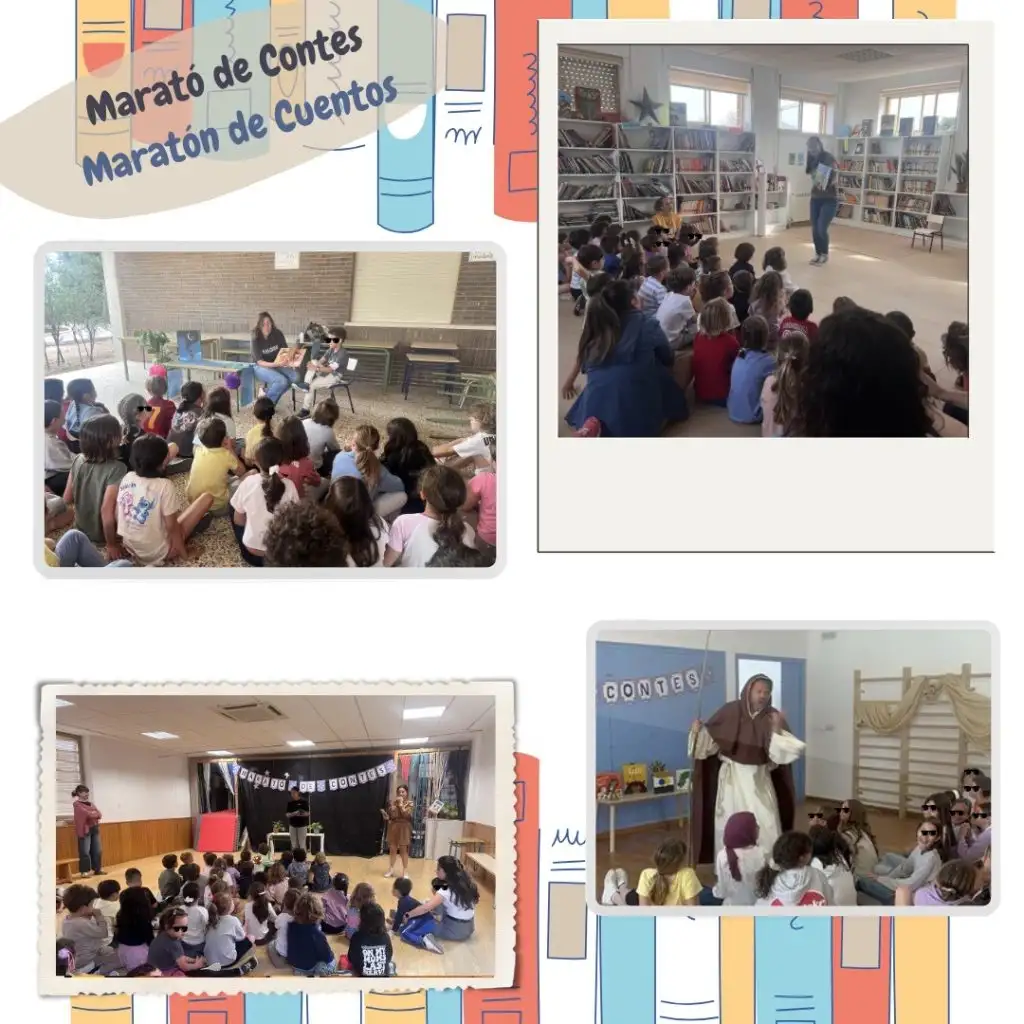 Cartel con fotos de la maratón de cuentos