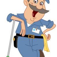 Smiling janitor leaning on a mop