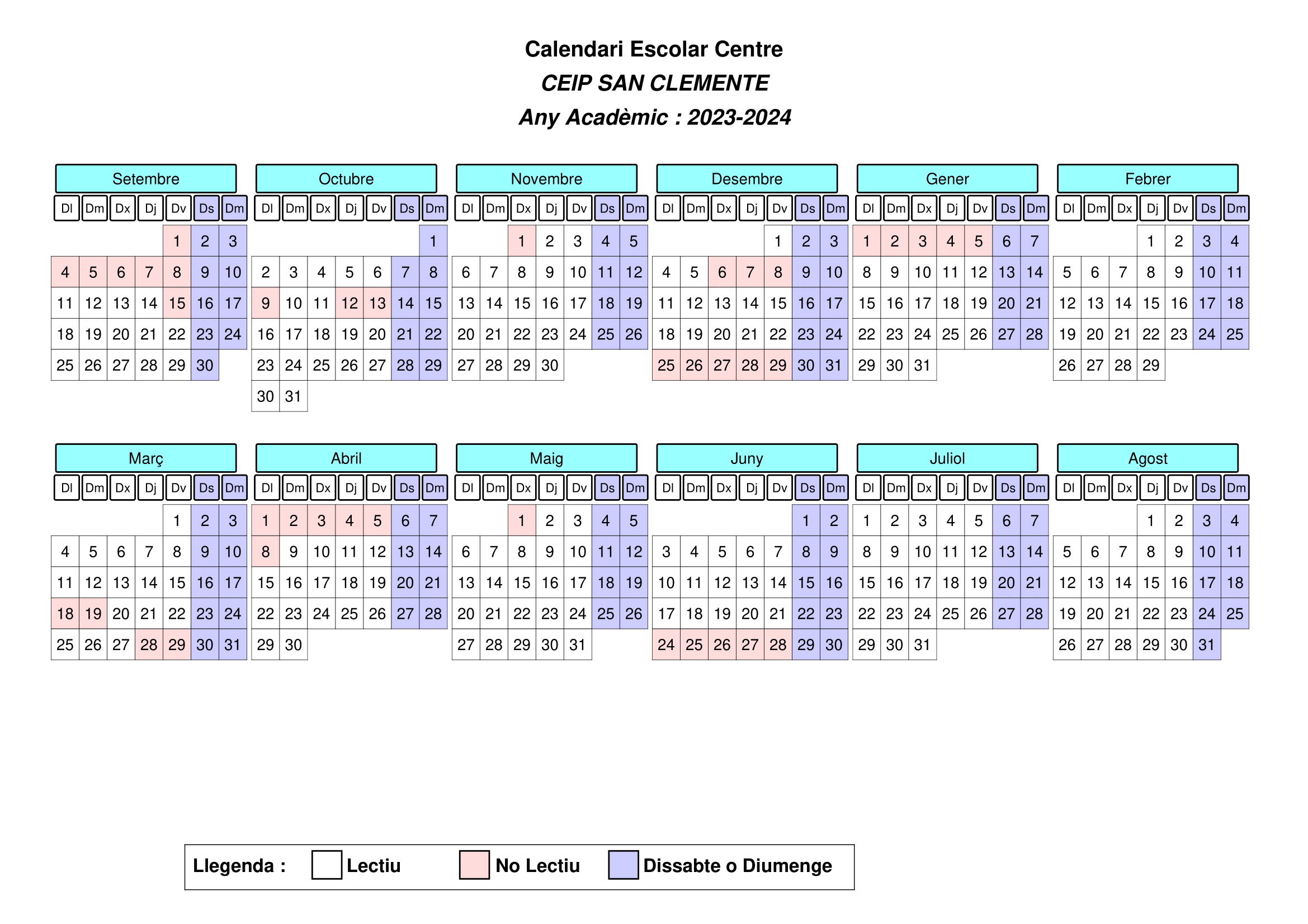 Calendario escolar 2022-2023 CEIP San Clemente