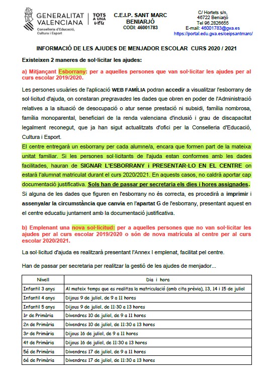 Ajudes De Menjador Escolar 20 21 CEIP SANT MARC