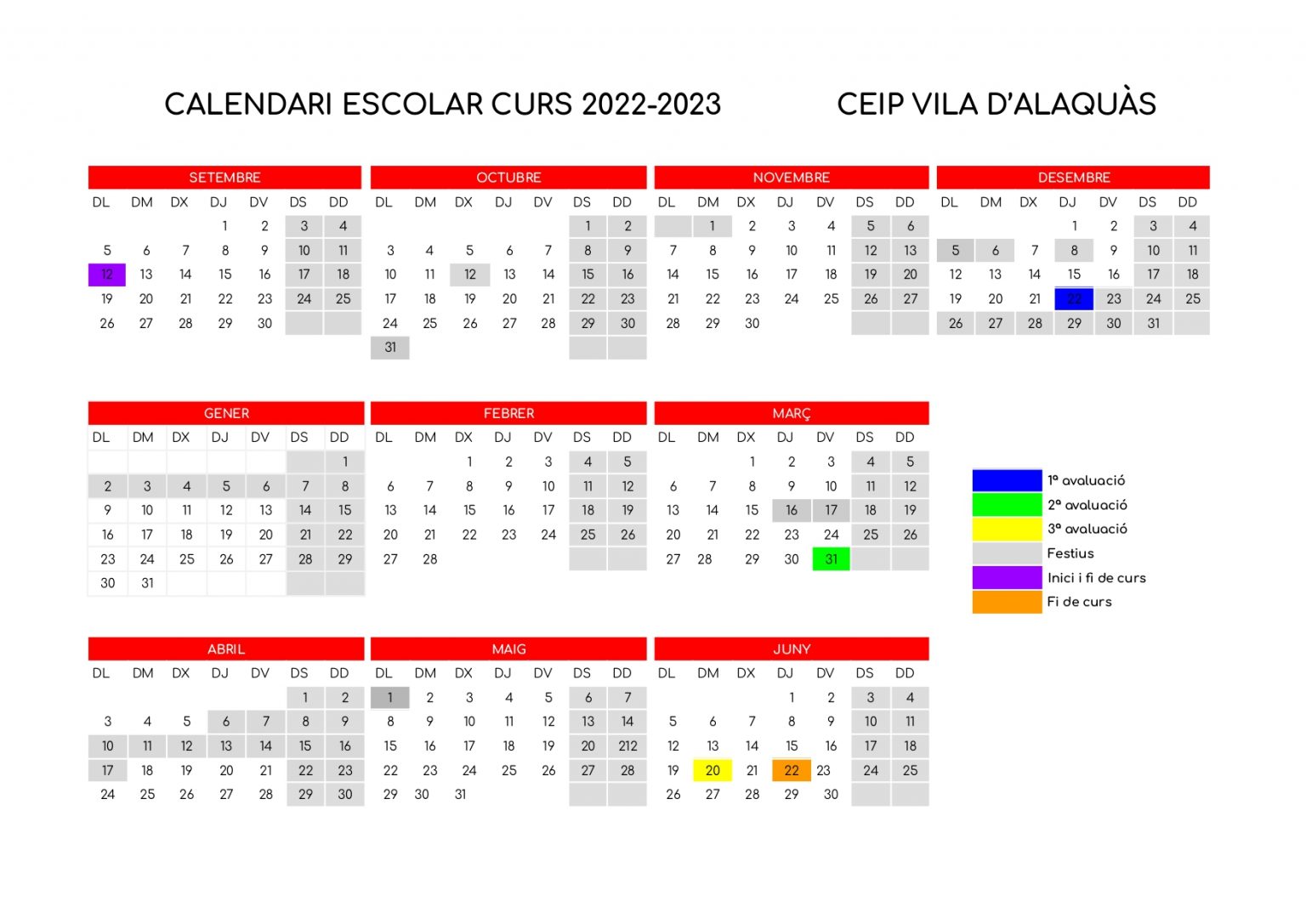 CALENDARIO ESCOLAR – CEIP VILA D'ALAQUÀS