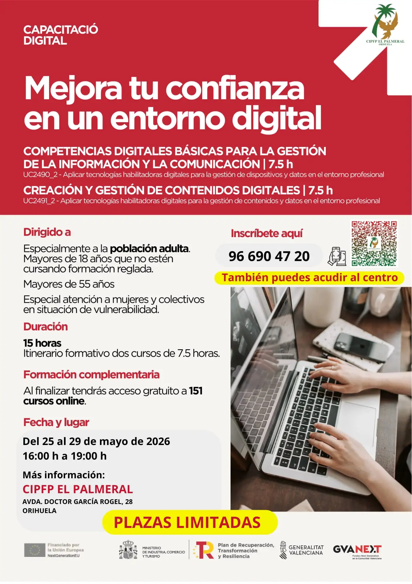 Curso capacitación digital en CIPFP El Palmeral para adultos totalmente gratuito