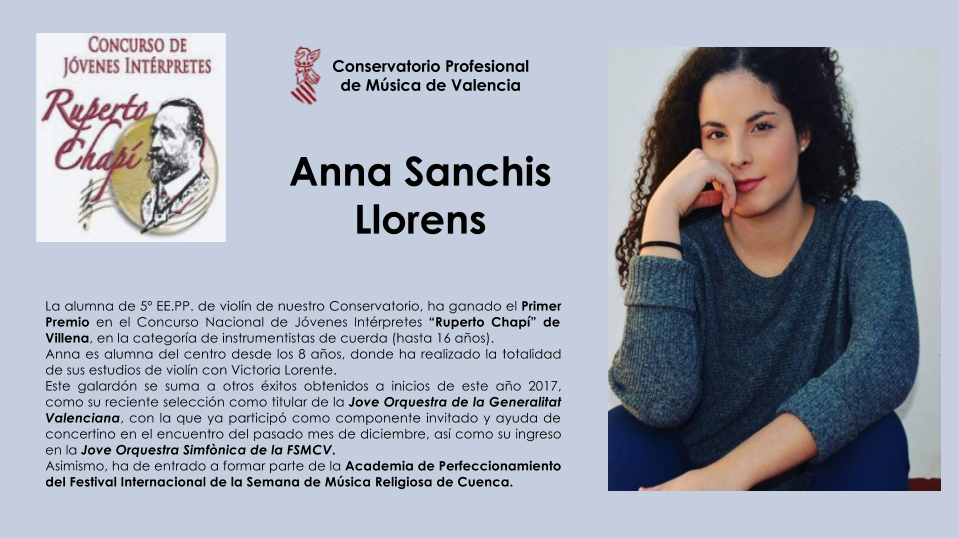 Anna Sanchis Llorens ganadora del Concurso Nacional Ruperto Chapý de Villena
