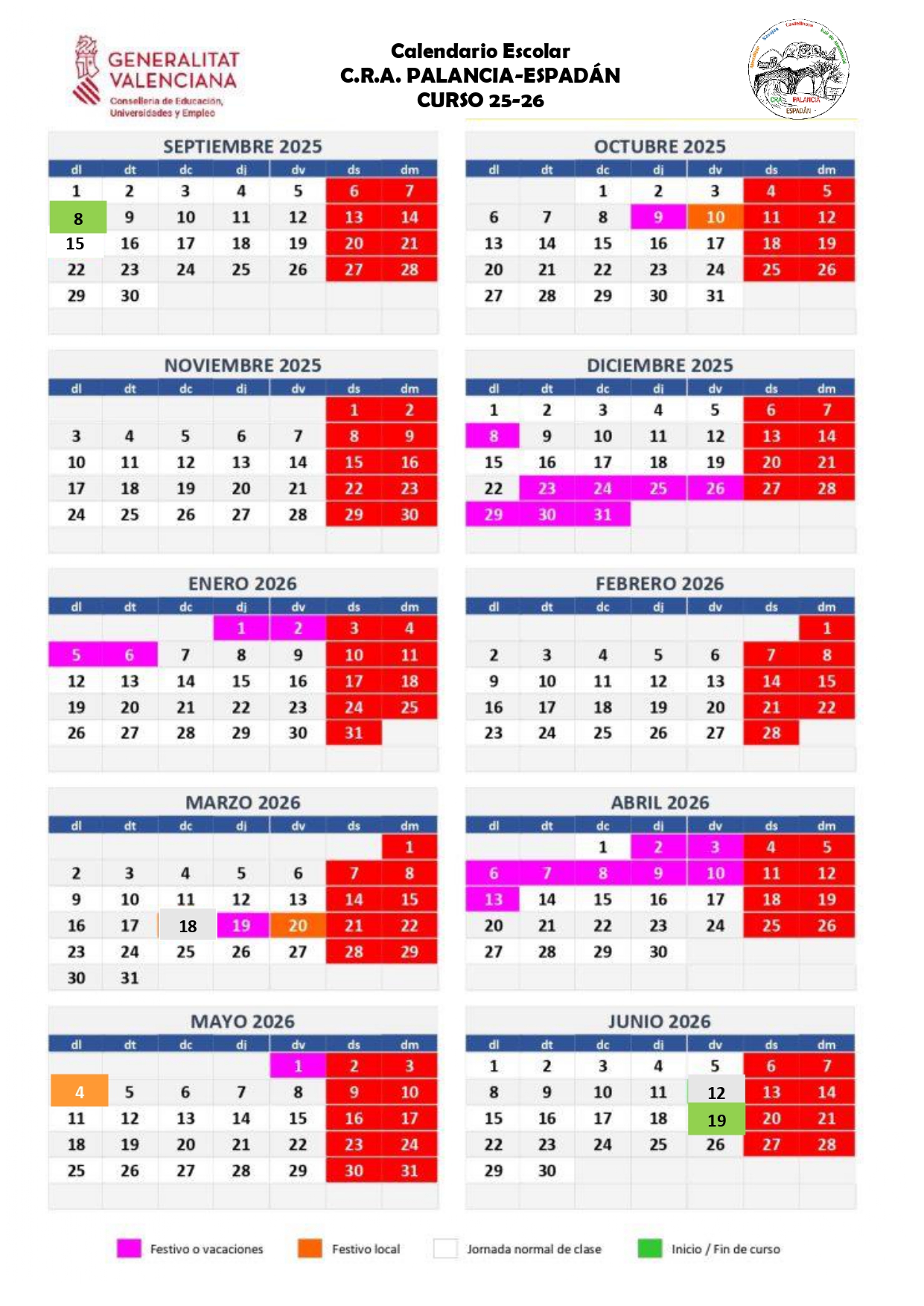 Calendario curso 25-26