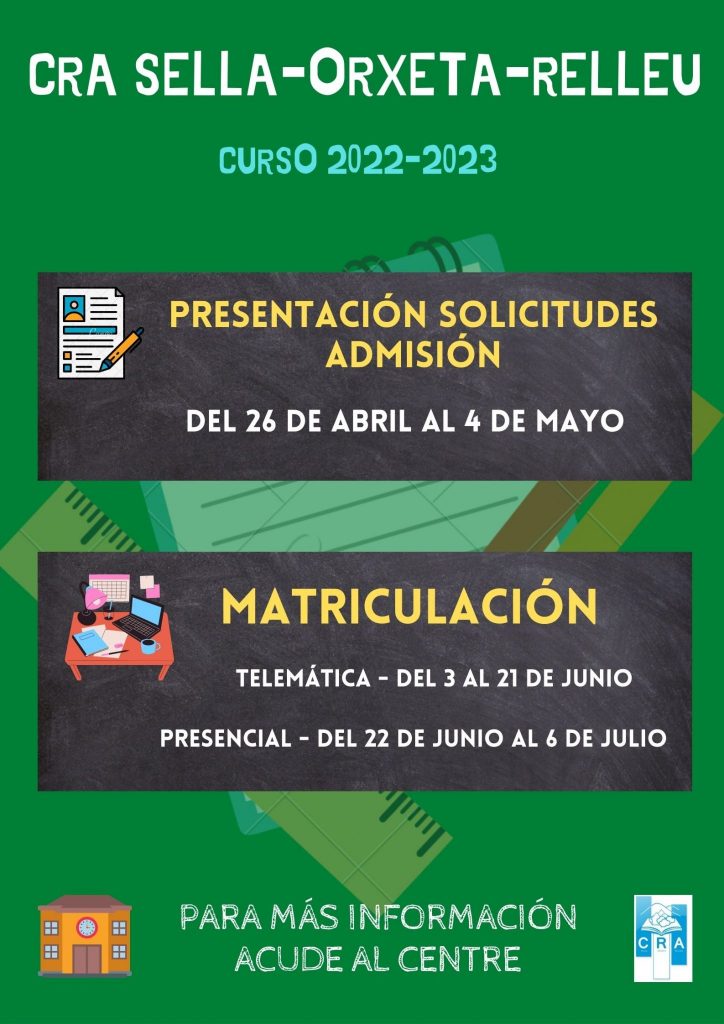 📌 PROCESO MATRICULACIÓN CURSO 2022-2023 – CRA SELLA-ORXETA-RELLEU