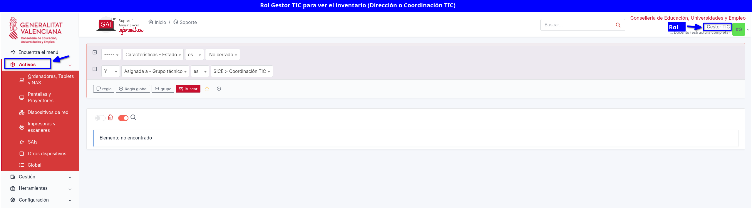 El rol de Gestor TIC habilita la consulta del inventario