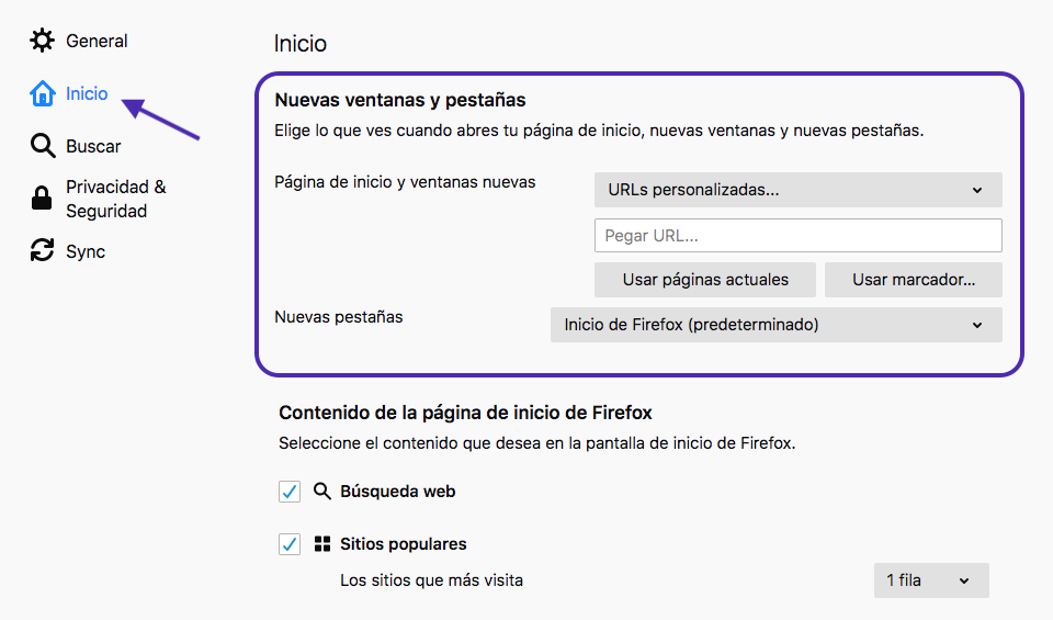 Firefox. Establecer la página de inicio desde las Preferencias