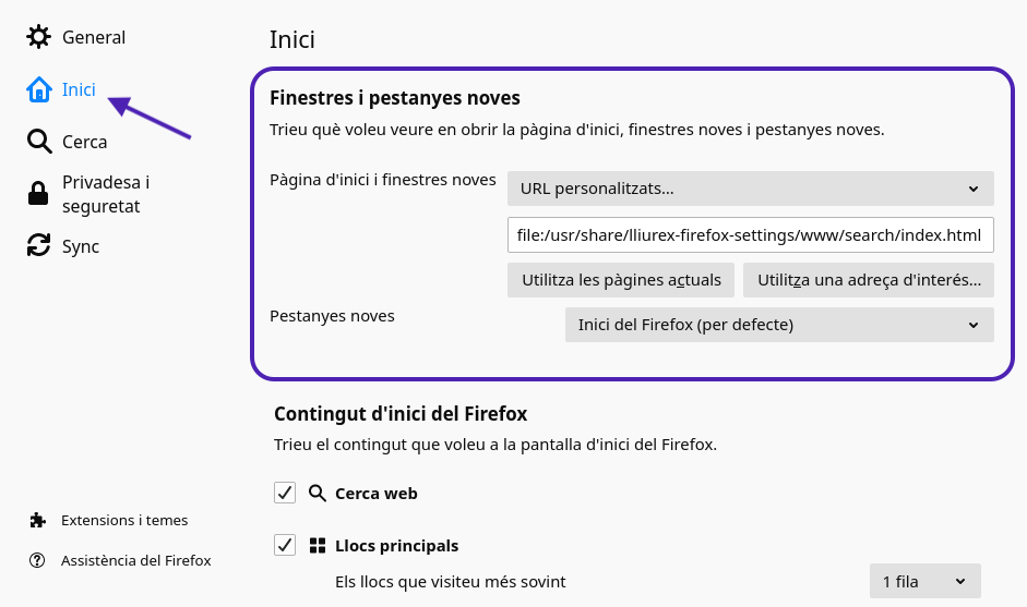 Firefox. Establir la pàgina d'inici des de les Preferències