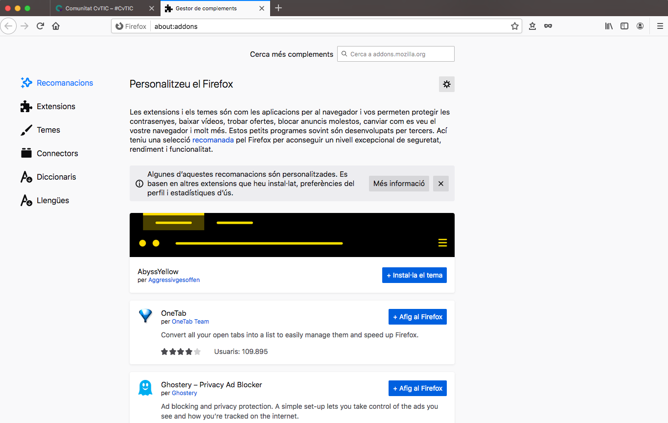Firefox. Instal·lar o afegir complements