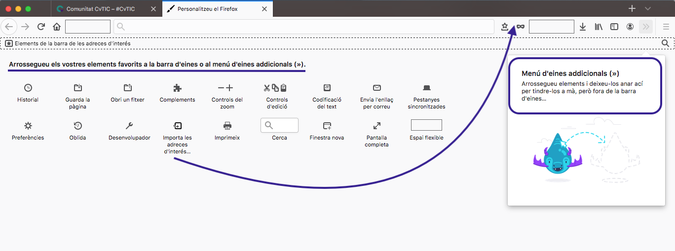 Firefox. Seleccionar funcionalitats per a la barra d'eines