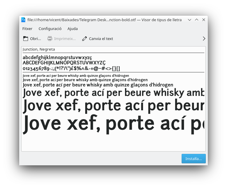 Instal·lar font. Finestra que mostra la font i permet instal·lar-la