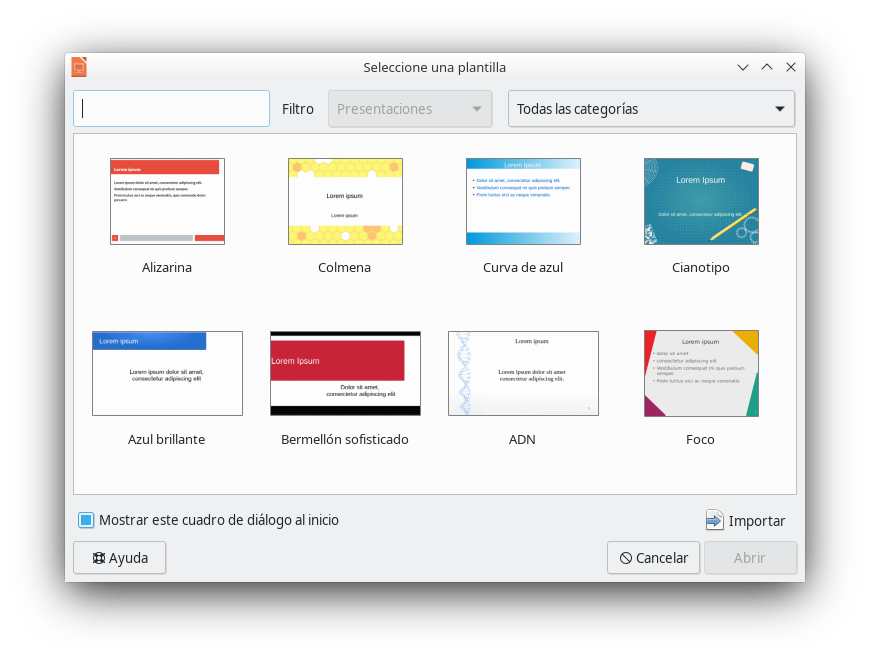Impress. Selector de plantilla