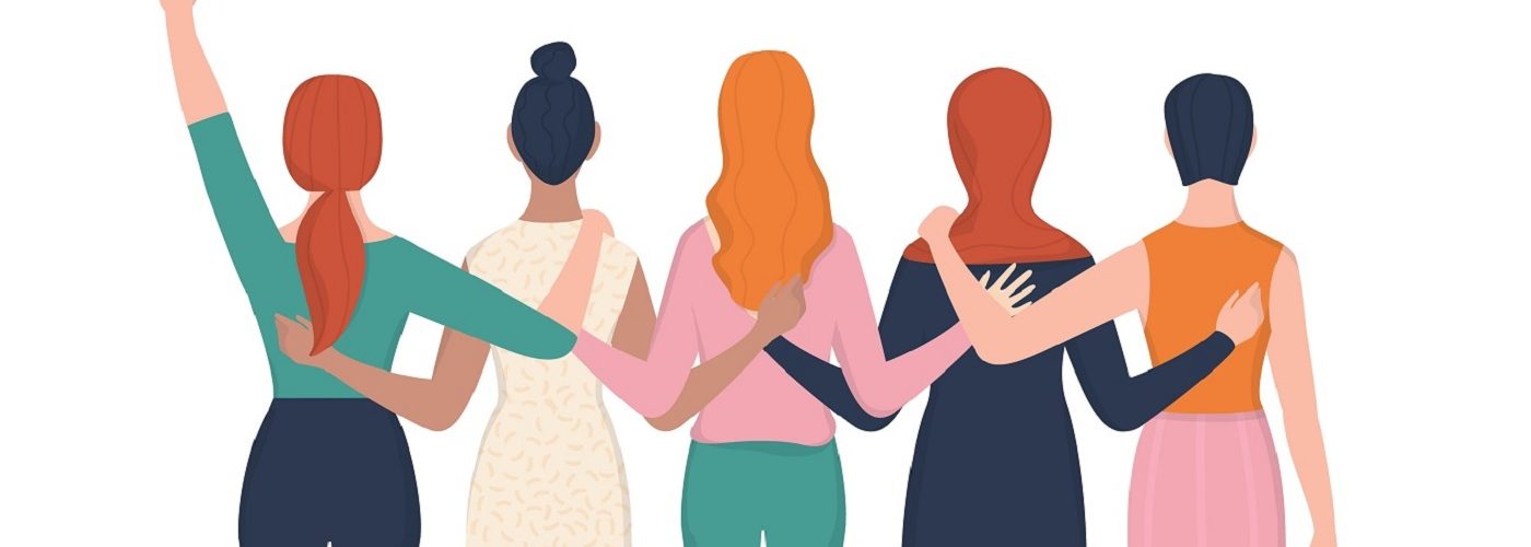 Femenism and girl power concept. Idea of gender equality and female movement. Women group hugging together. Female character support each other card or banner. Isolated vector illustration