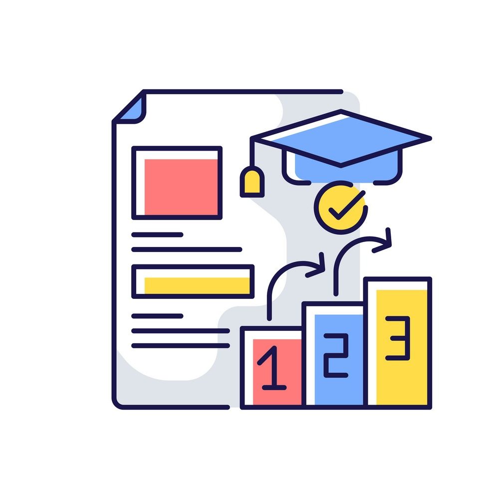 Placement tests RGB color icon. Qualifications improving. Education level. Examination students. Professional development. Isolated vector illustration