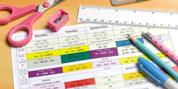 close up of weekly school timetable