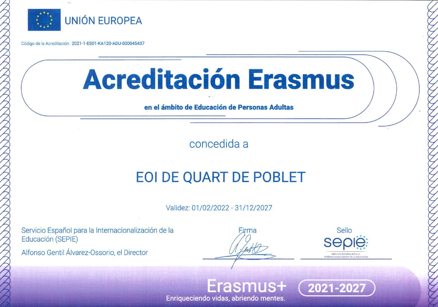 Diploma Acreditación Erasmus+ 2022-2027