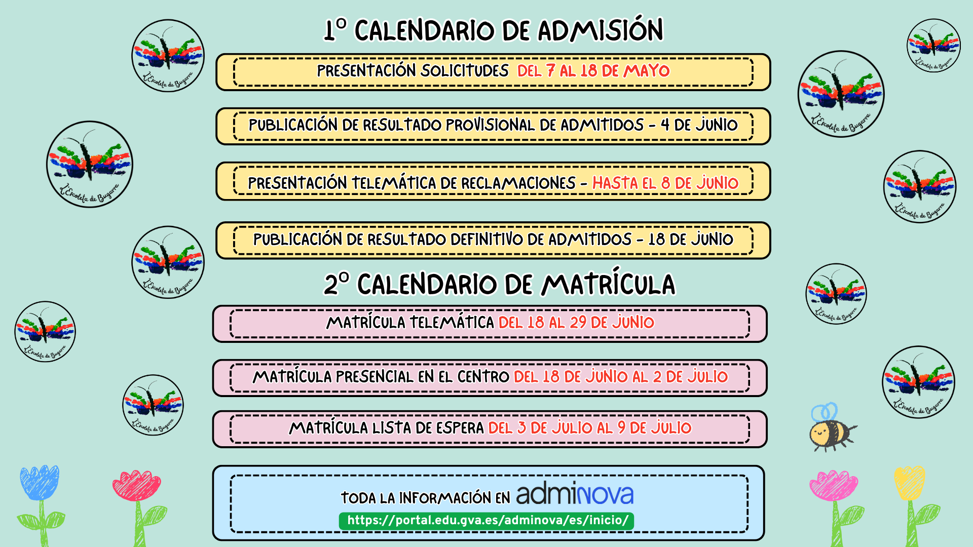 Información de las fechas clave del proceso de admisión y matrícula de la escoleta.