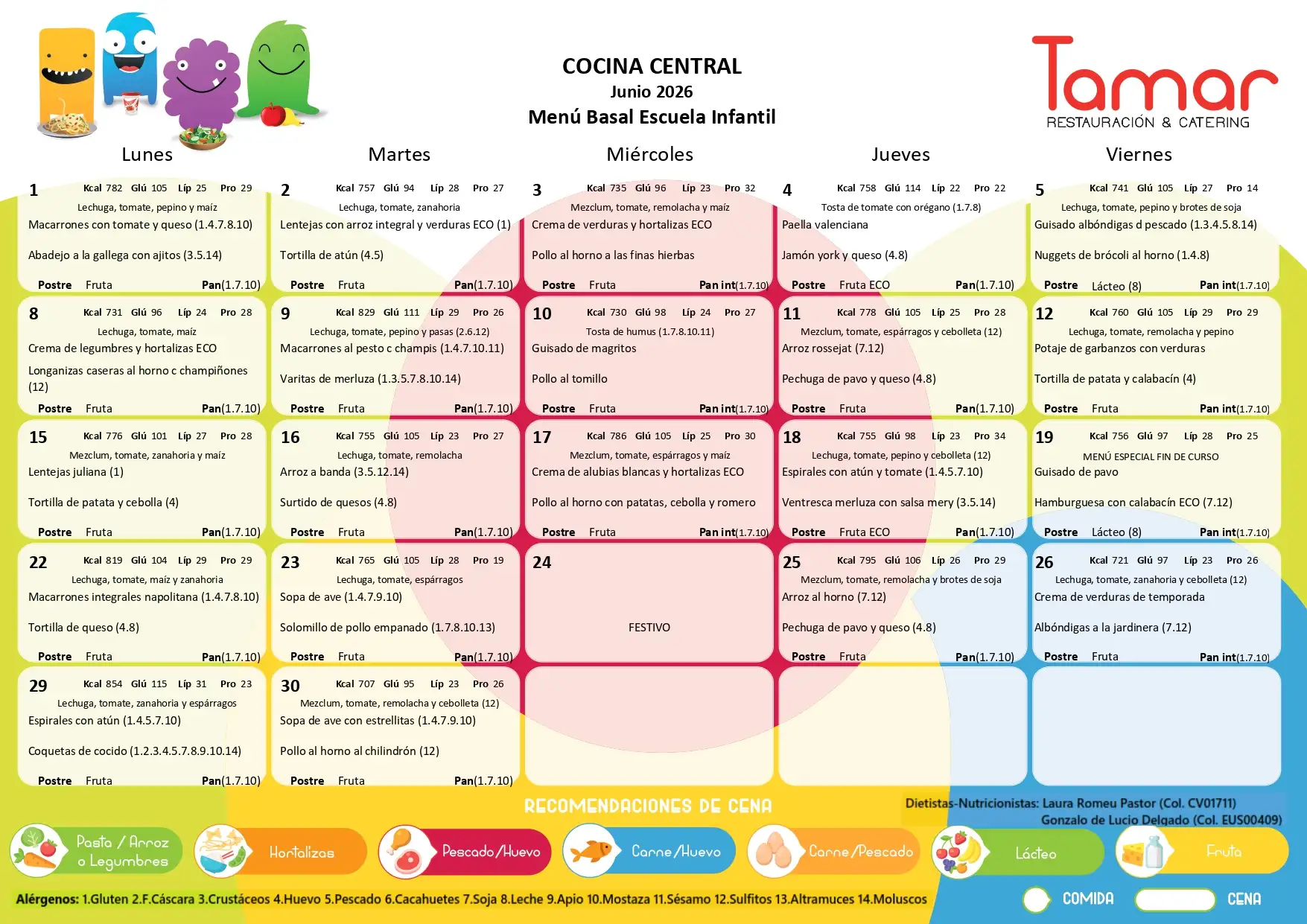 Tabla con el menú basal del mes de junio