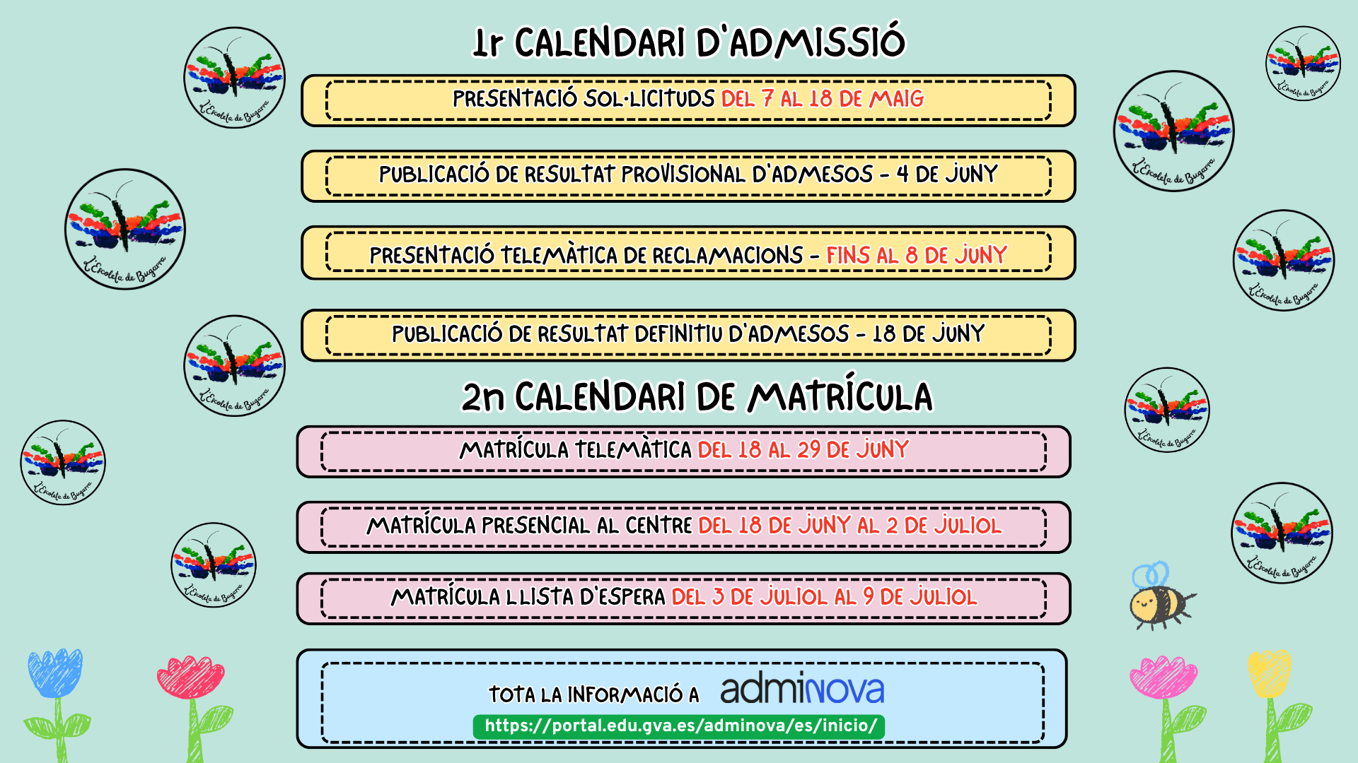 Informació de les dates clau del procés d'admissió i matrícula