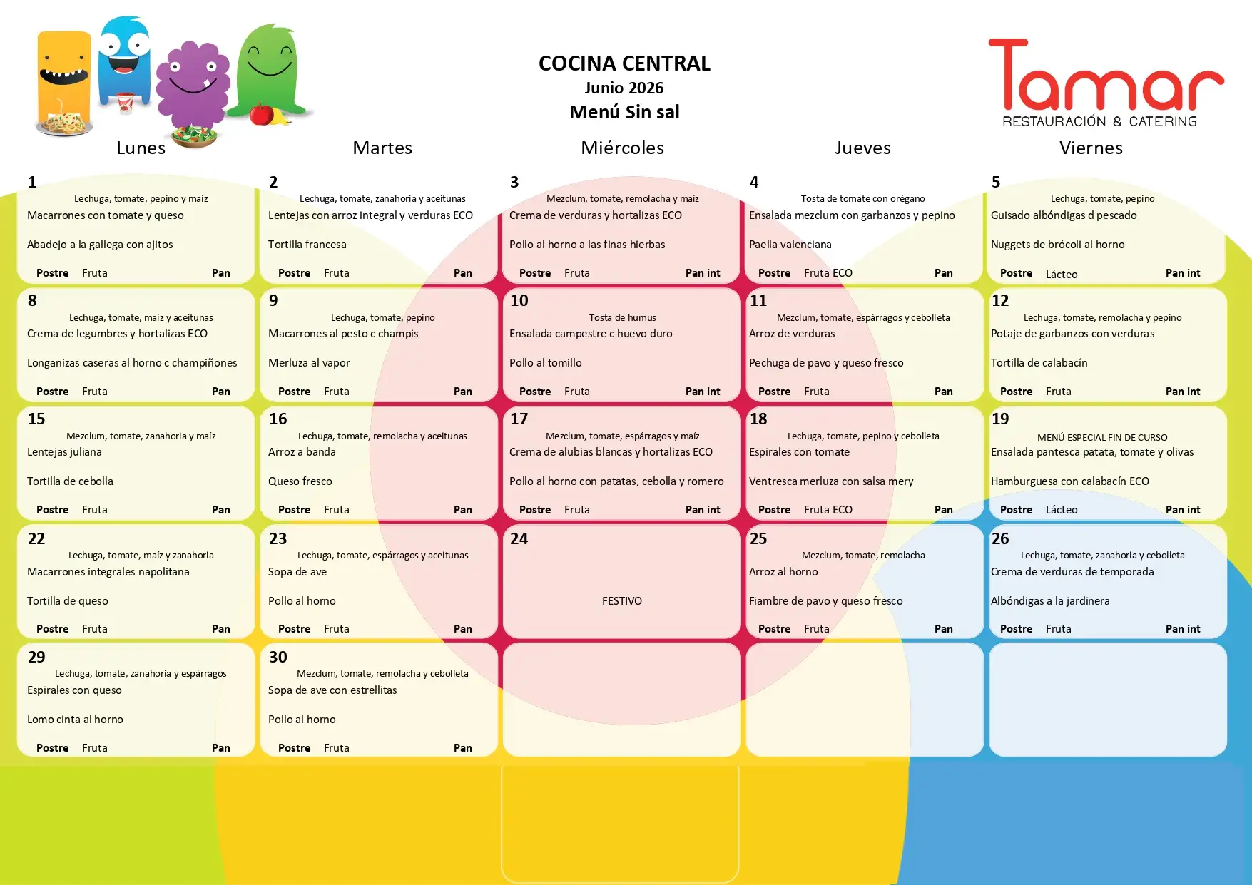 Taula menú sense sal del mes de jumy