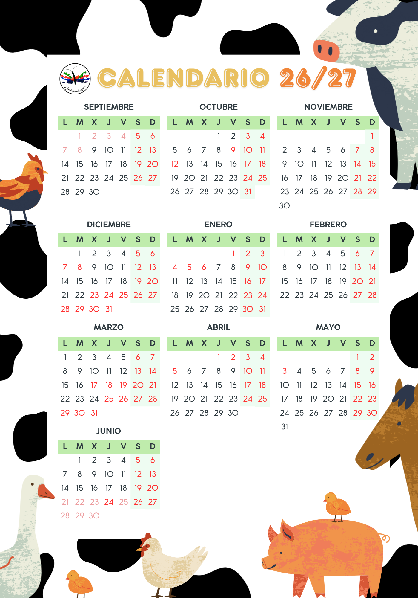 Calendario escolar de L'escoleta de Bugarra 2026-2027