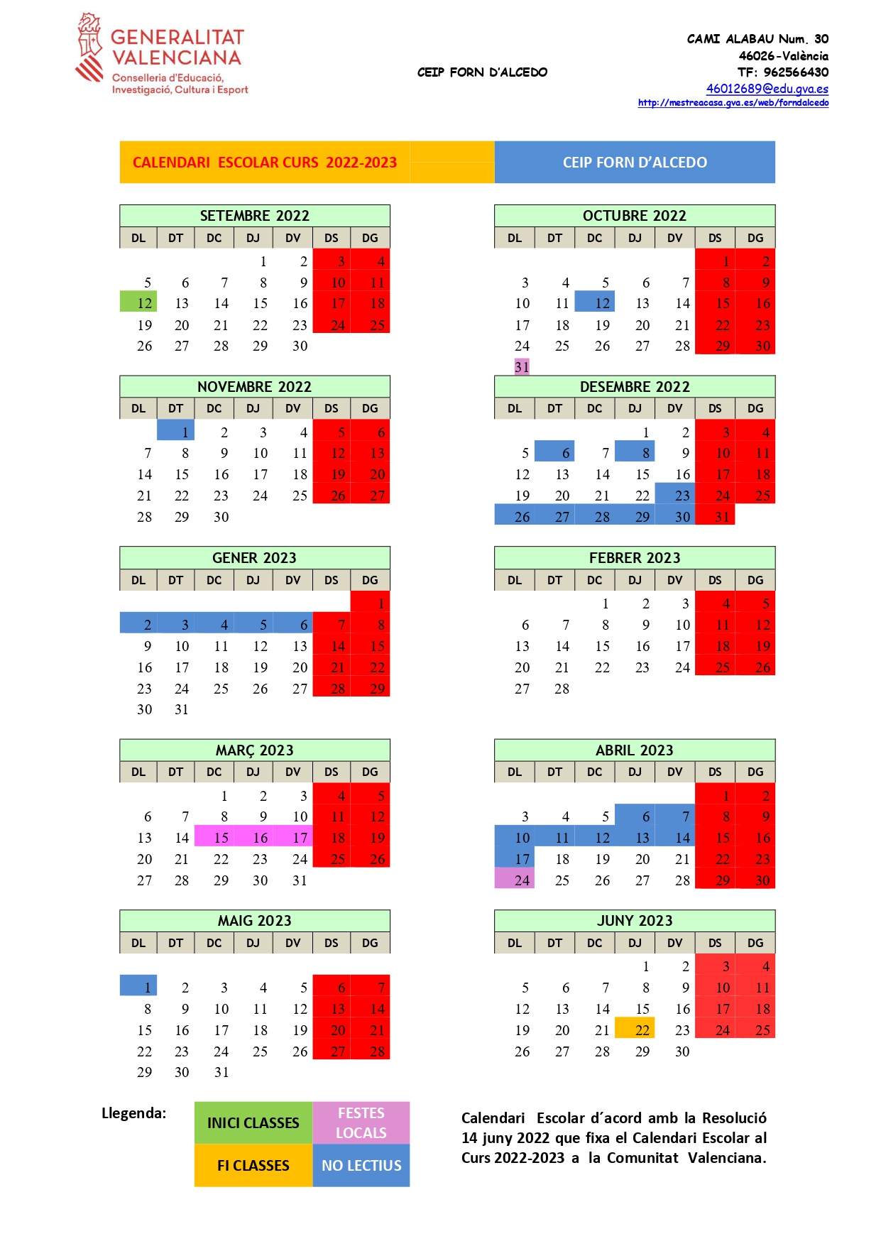 Calendari Del Curs – CEIP FORN D'ALCEDO