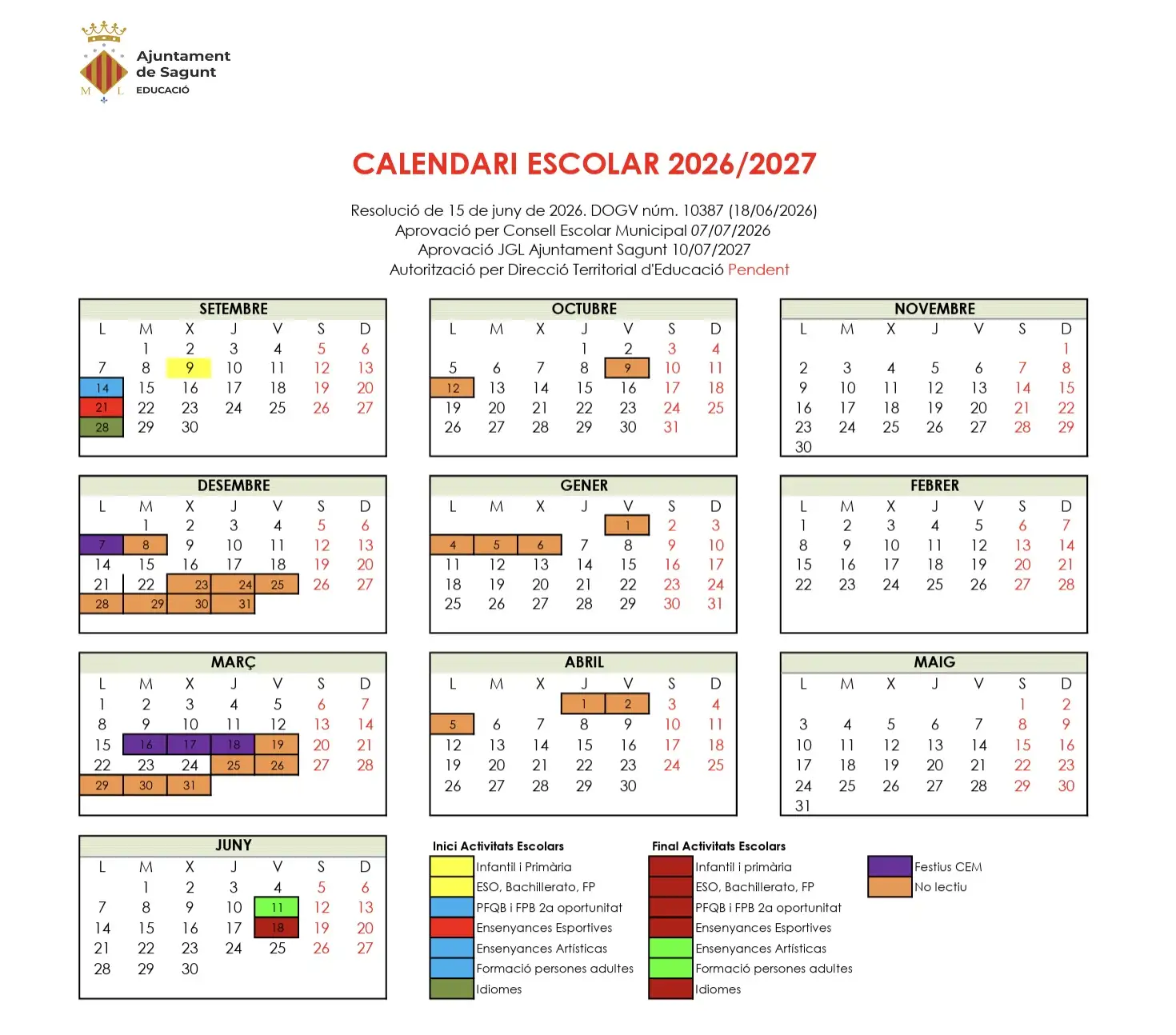 Calendario escolar Sagunt curso 26-27
