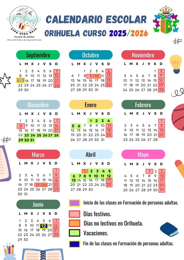 calendario escolar de la escuela de adultos de Orihuela correspondiente al curso 2025, 2026