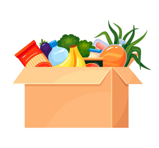 Food box grocery donation vector flat illustration. Cardboard container for comfortable carrying storage edible products and drink isolated. Fruits, vegetables, juice, sausage, spaghetti meal in case