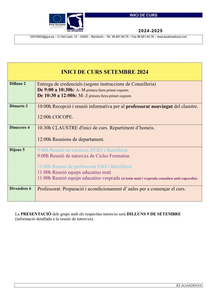 Se publica el calendario de inicio de curso 2024-2025 para el mes de septiembre.