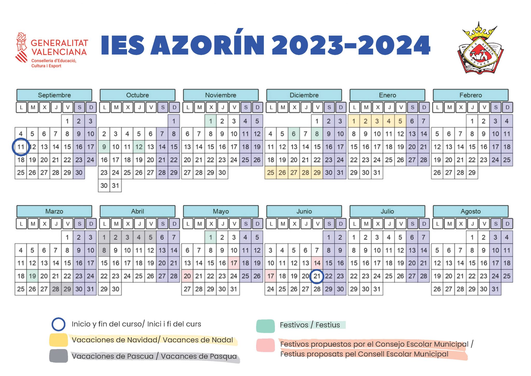 Calendari escolar IES Azorín 20232024 IES AZORÍN