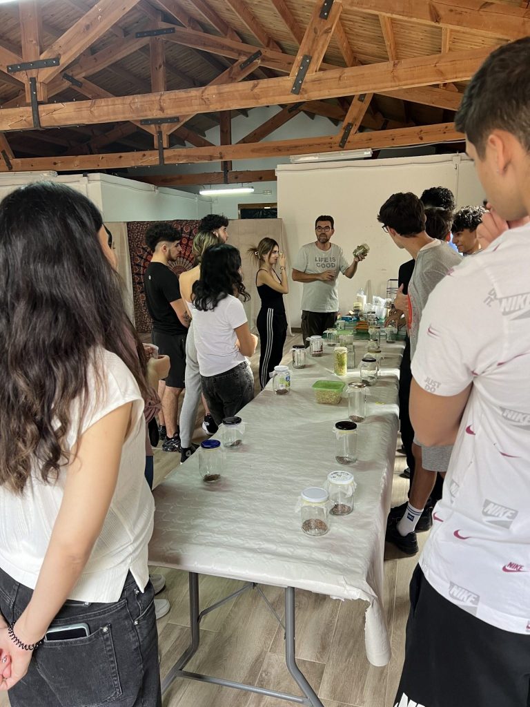 Mesa alargada que muestra al alumnado los resultados del taller.